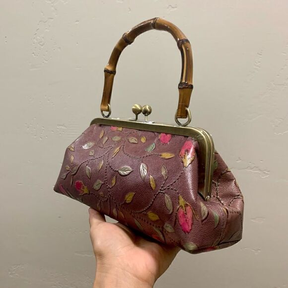 Handmade Genuine Leather Floral Embossed Real bamboo Handle Satchel/Crossbody - Picture 10 of 15